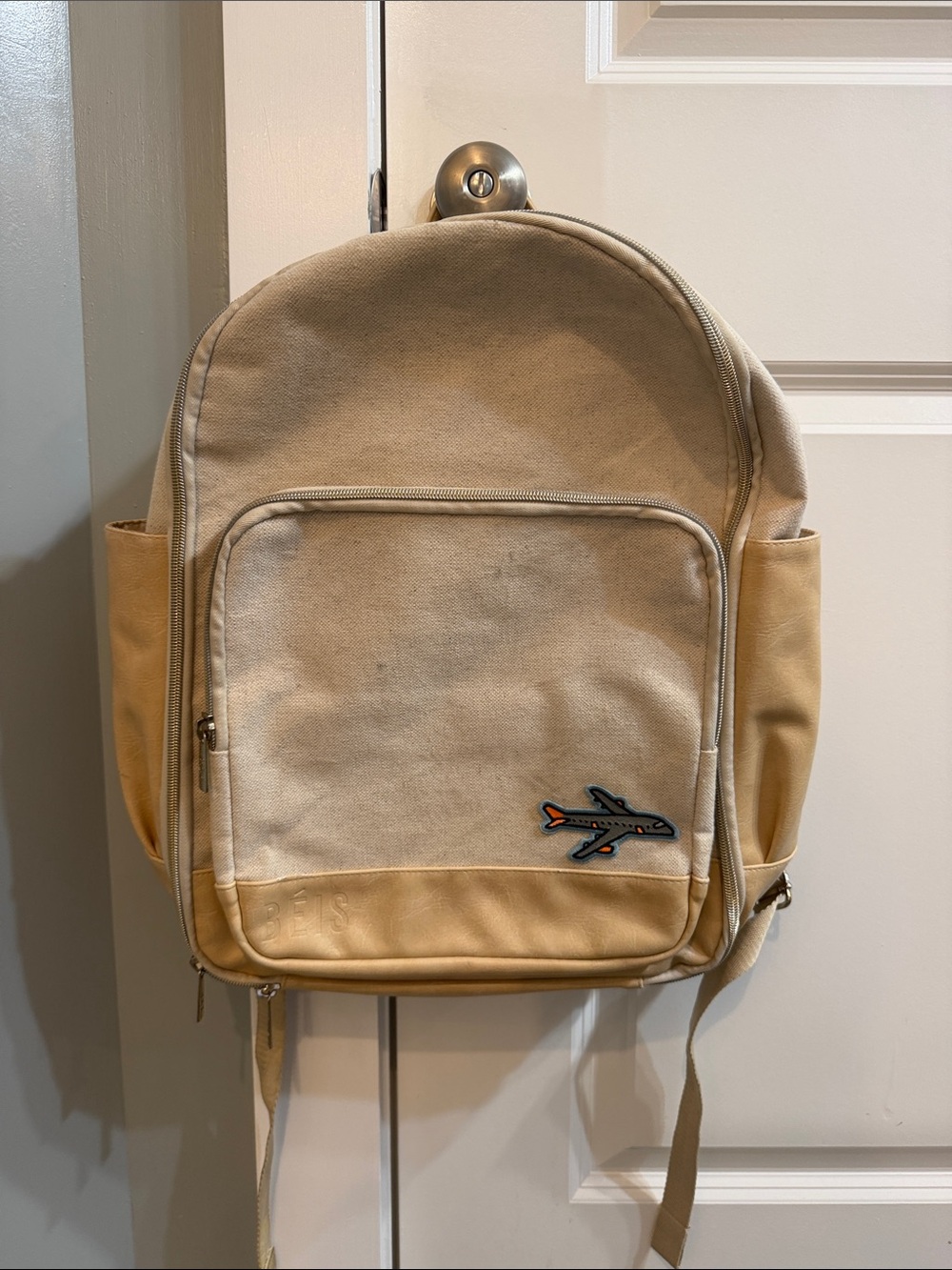 Beis “The Backpack” Beige Canvas & leather Bag with Airplane Patch
